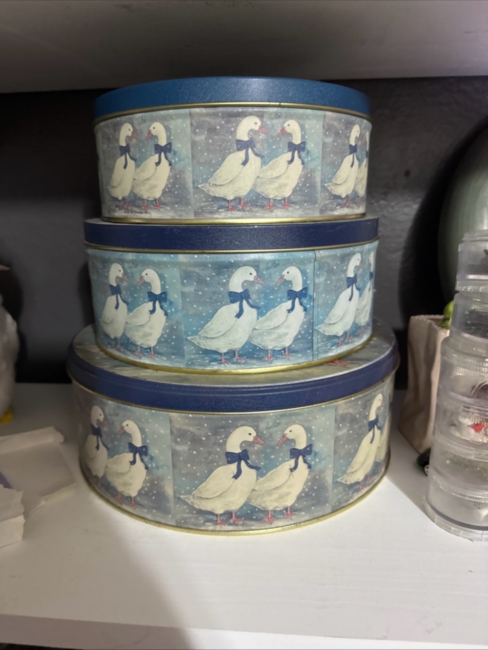 Farmhouse Set of 3 Decorative Tin Boxes with White Geese and Blue Accents